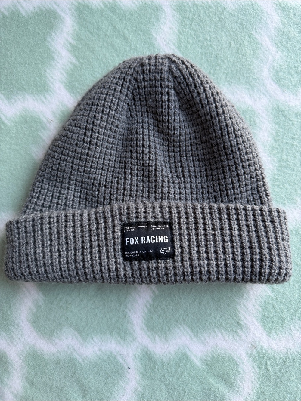 Fox Gray Waffle Knit Fleece Lined Beanie with Fox Racing Patch Unisex